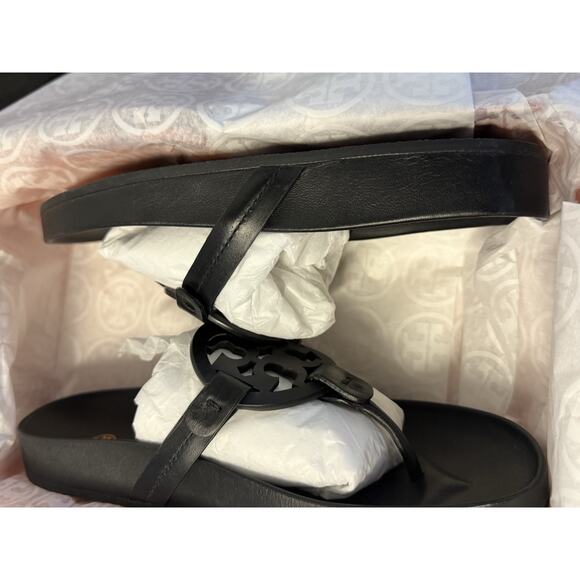 Tory Burch Miller Black Smooth Leather Sandals Sz 8  With Dust Bag - Picture 5 of 6